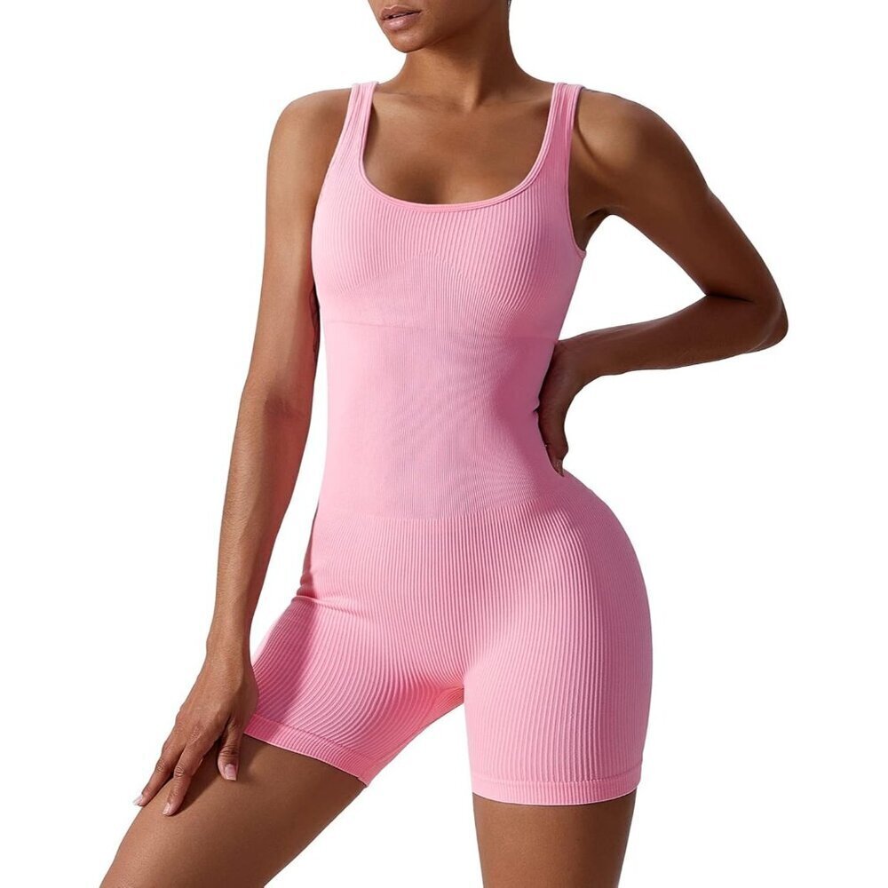 🆕 Women Pink Yoga Jumpsuit Ribbed One Piece Tank Top Sleeveless Bodycon Sport - Picture 4 of 4